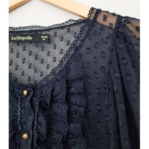 La Chapelle Navy Blue Sheer Chiffon Ruffle Batwing Blouse Top Romantic Coquette - Picture 7 of 15